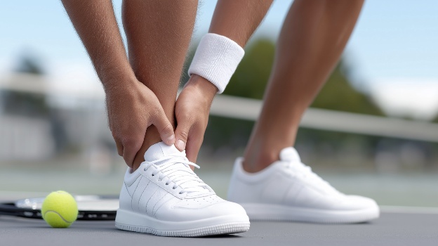 Tennis-player-holding-hurt-foot-and-ankle