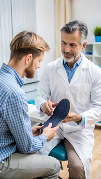 Podiatrist explaining custom orthotics to patient during foot exam