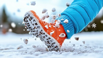 Person slipping on icy winter sidewalk, highlighting the risk of winter sports injuries and falls.
