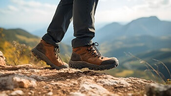 Hiker wearing sturdy boots on rocky mountain trail