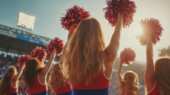 College stadium with a group of cheerleaders performing a routine